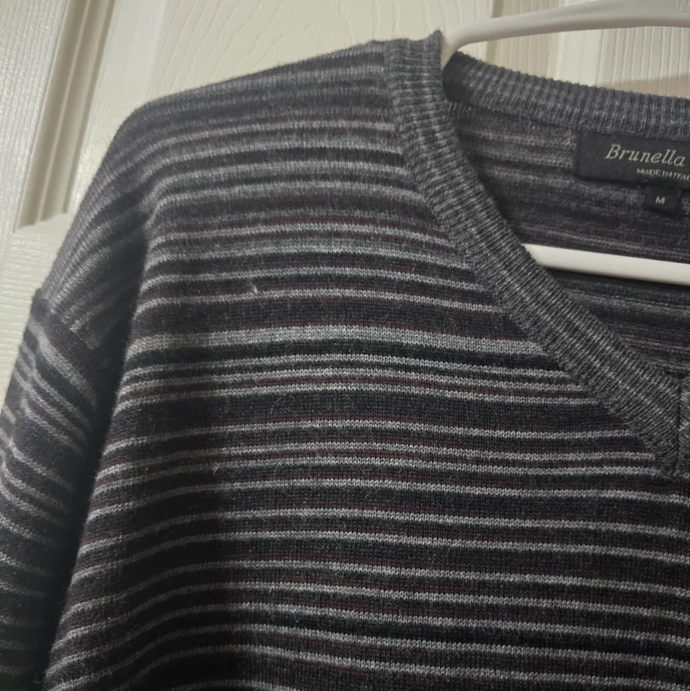 Extra Fine Merino Wool Striped V-Neck Sweater by Brunella Gori, Tailored Fit.